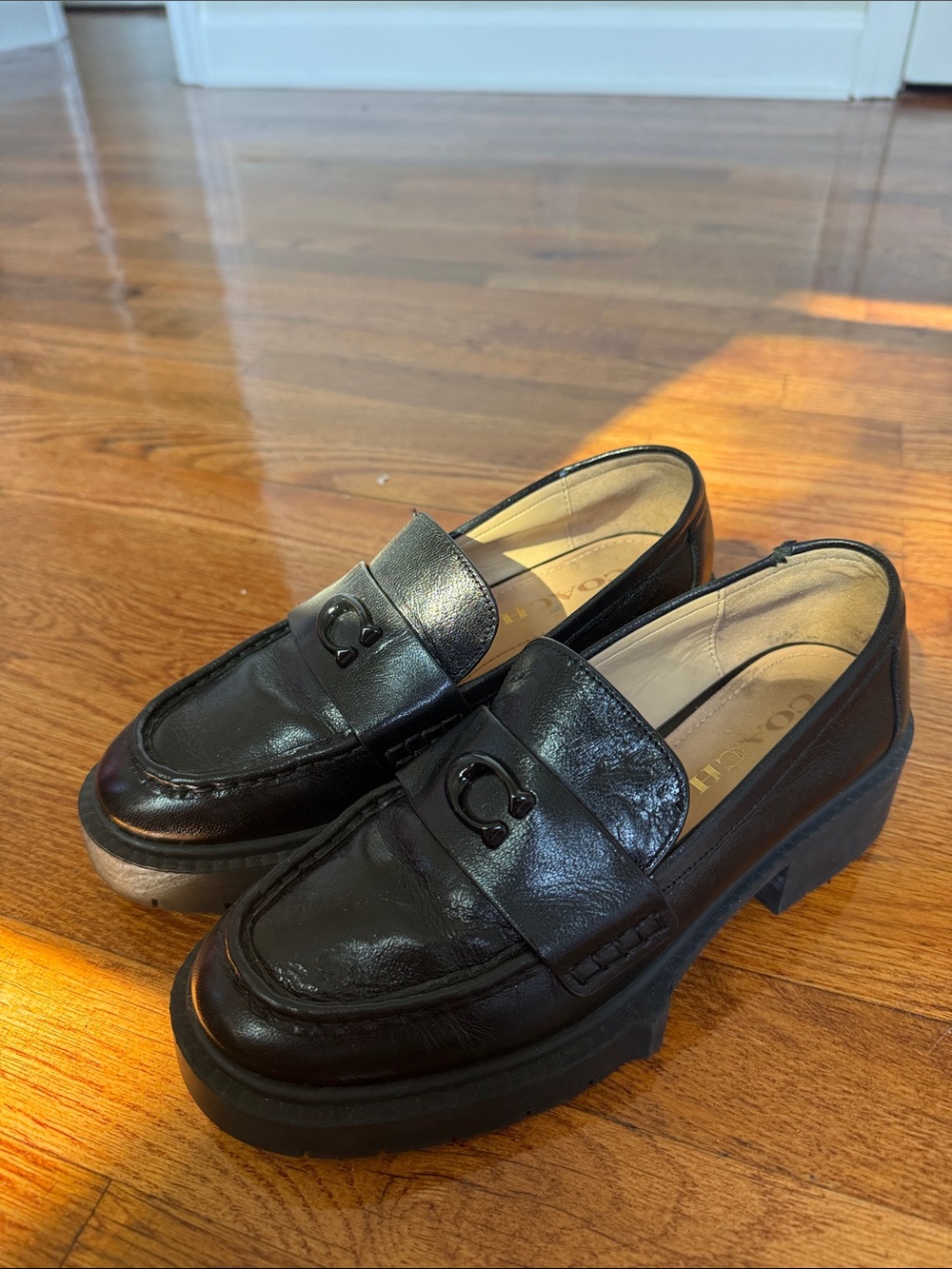Coach Women Black Leather Penny Loafers with Signature 'C' Accent - Picture 4 of 4